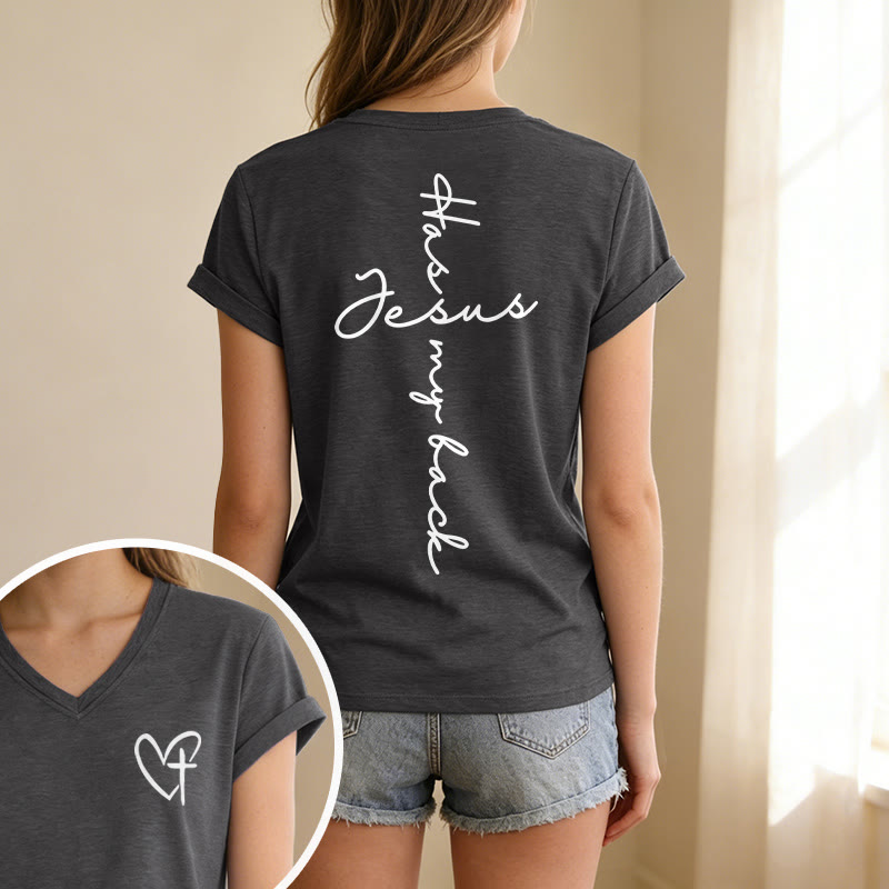 Christianartworkshop T-shirt décontracté à col en V avec imprimé recto verso « Jésus me protège » - image 1