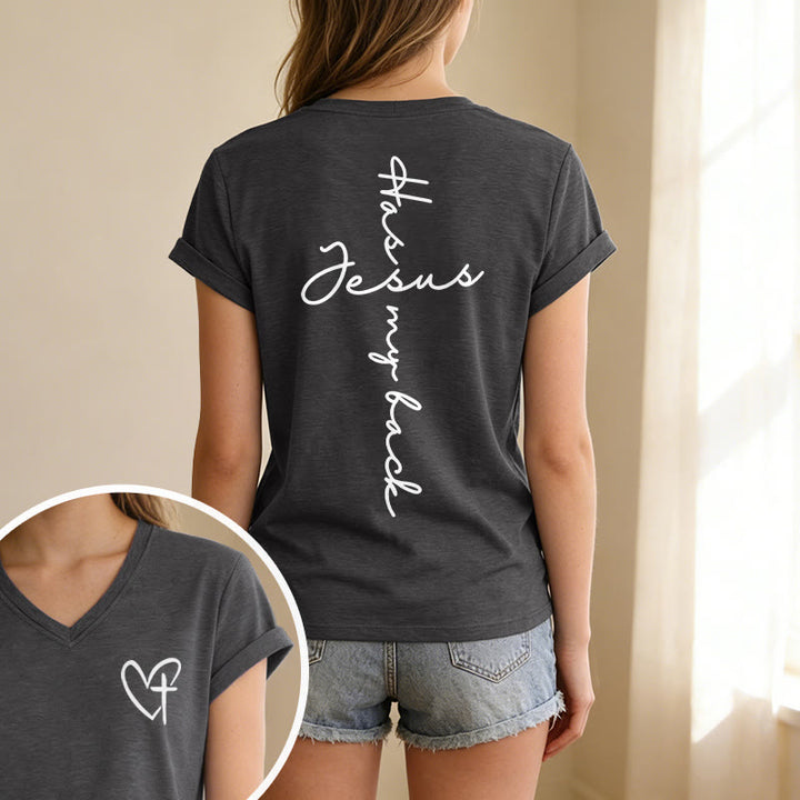 Christianartworkshop T-shirt décontracté à col en V avec imprimé recto verso « Jésus me protège » - image 1