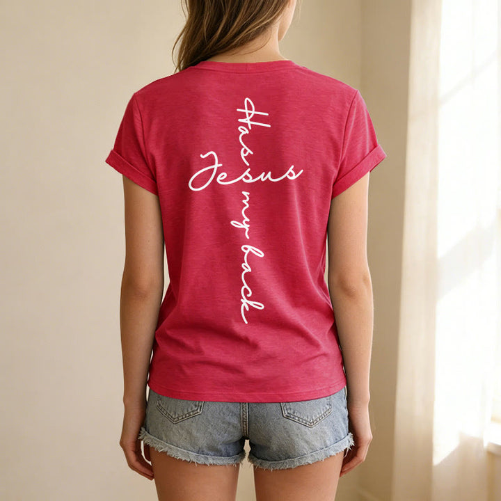 Christianartworkshop T-shirt décontracté à col en V avec imprimé recto verso « Jésus me protège » - image 71
