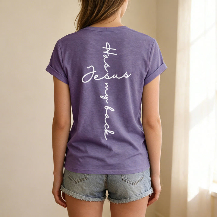 Christianartworkshop T-shirt décontracté à col en V avec imprimé recto verso « Jésus me protège » - image 59