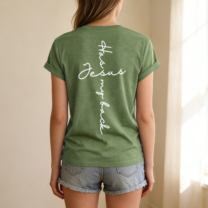 Christianartworkshop T-shirt décontracté à col en V avec imprimé recto verso « Jésus me protège » - image 29