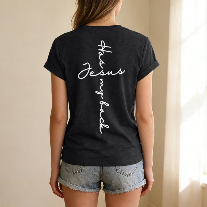 Christianartworkshop T-shirt décontracté à col en V avec imprimé recto verso « Jésus me protège » - image 11