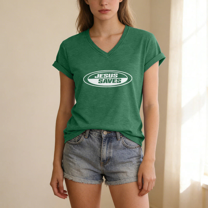 Christianartworkshop T-shirt rétro ovale à col en V décontracté « Jésus sauve » - image 17
