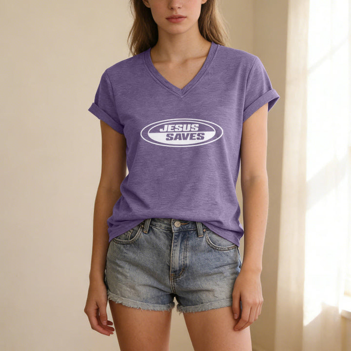 Christianartworkshop T-shirt rétro ovale à col en V décontracté « Jésus sauve » - image 19
