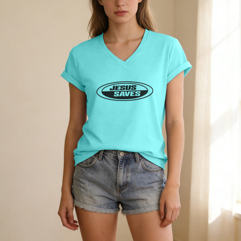 Christianartworkshop T-shirt rétro ovale à col en V décontracté « Jésus sauve » - image 13