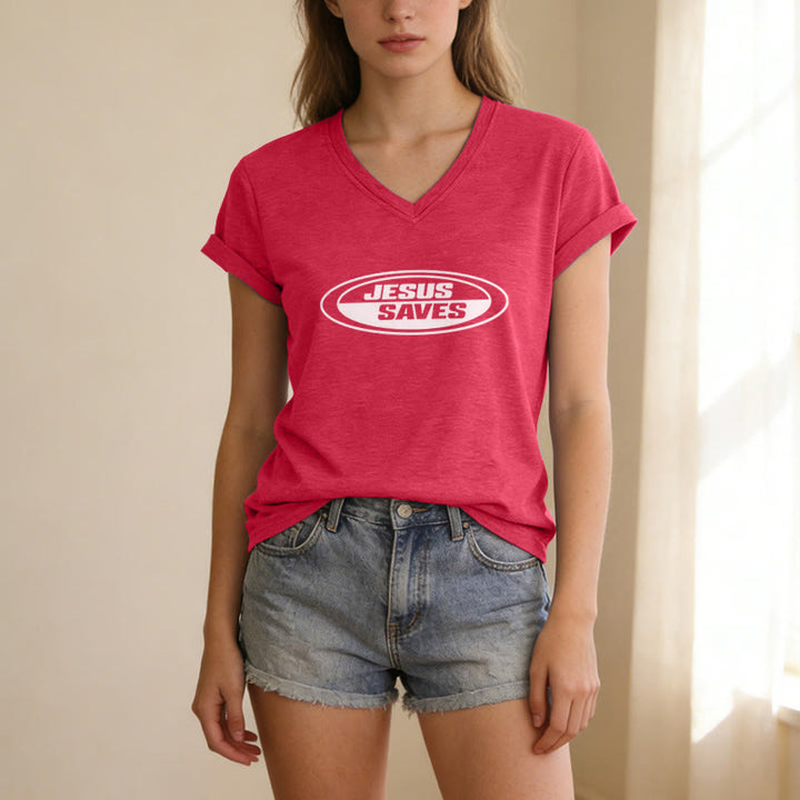 Christianartworkshop T-shirt rétro ovale à col en V décontracté « Jésus sauve » - image 23