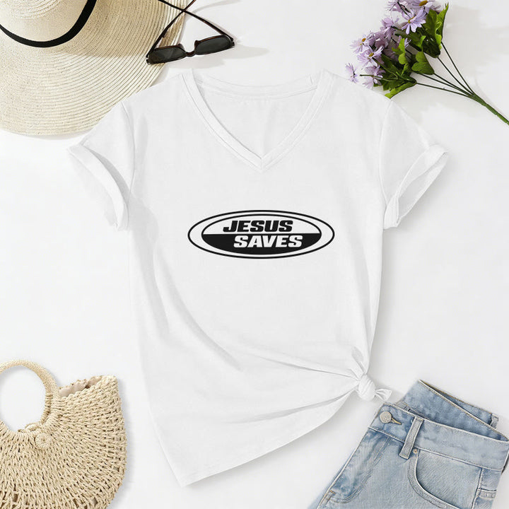 Christianartworkshop T-shirt rétro ovale à col en V décontracté « Jésus sauve » - Blanc - 2XL - image 10