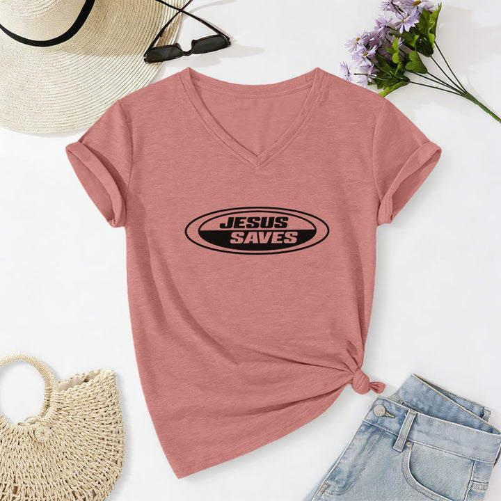 Christianartworkshop T-shirt rétro ovale à col en V décontracté « Jésus sauve » - image 14