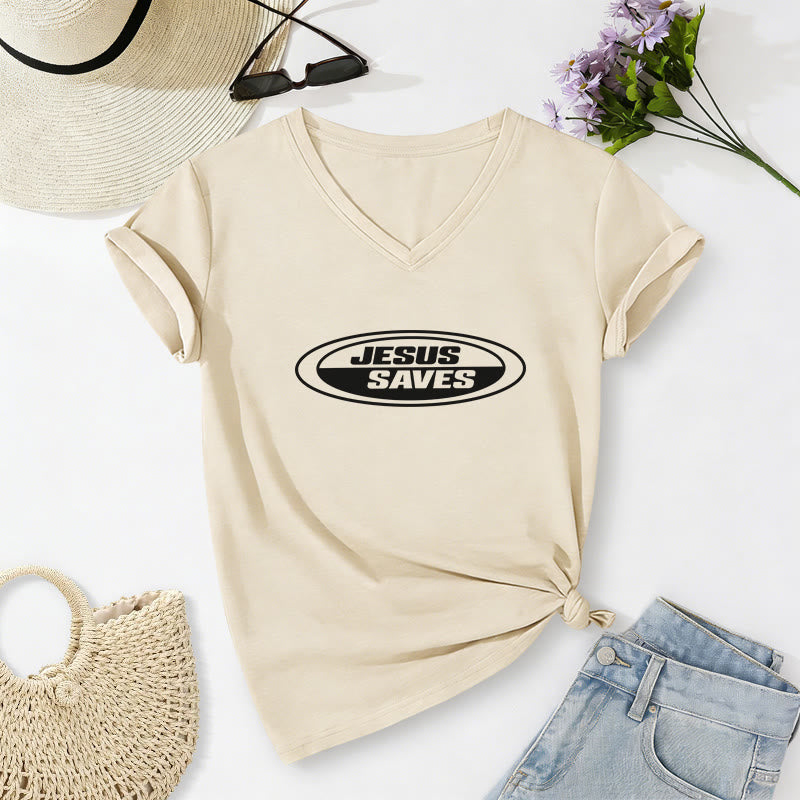 Christianartworkshop T-shirt rétro ovale à col en V décontracté « Jésus sauve » - Beige - 2XL - image 4