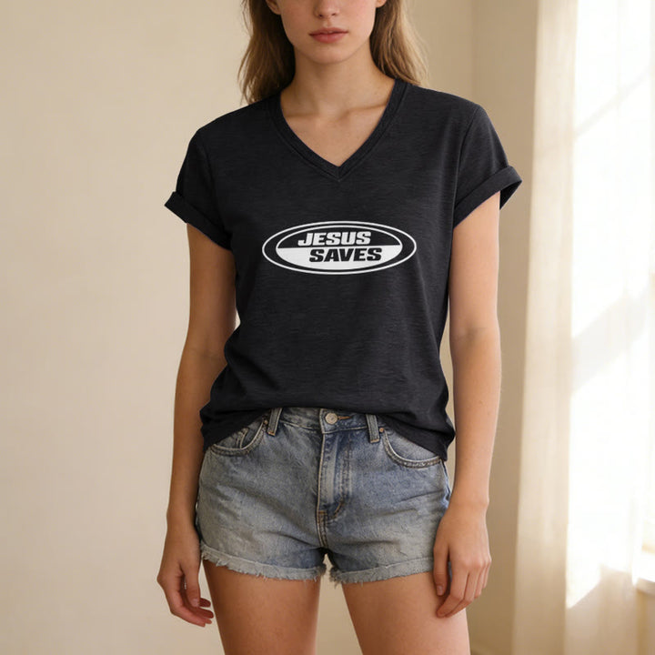 Christianartworkshop T-shirt rétro ovale à col en V décontracté « Jésus sauve » - image 3