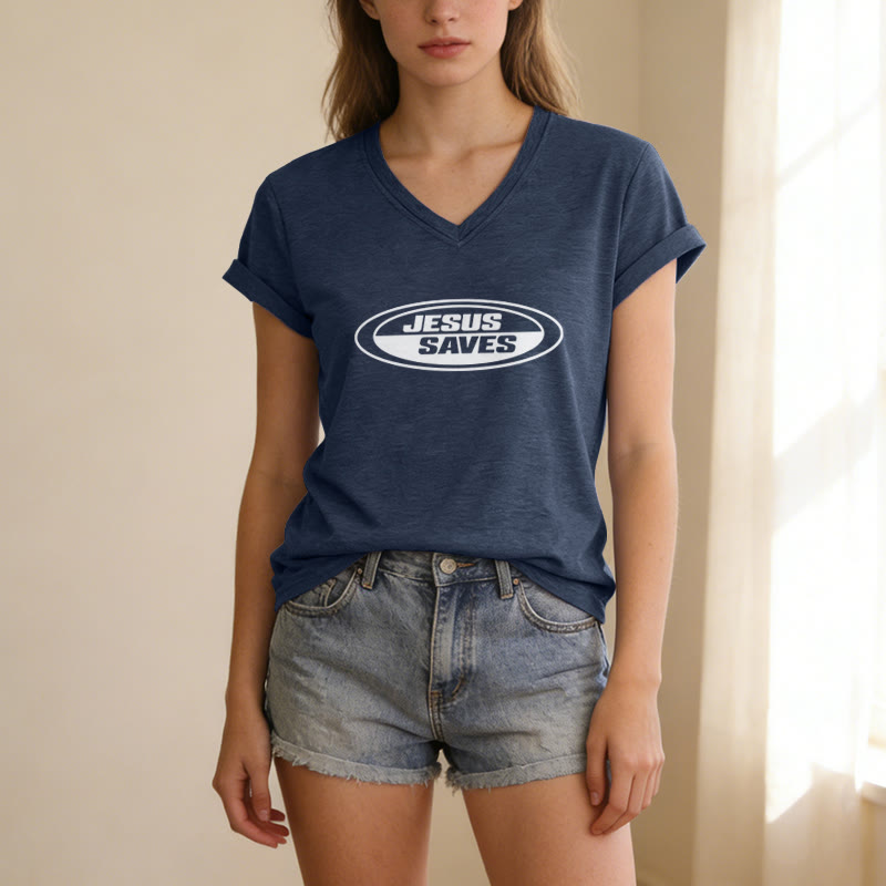 Christianartworkshop T-shirt rétro ovale à col en V décontracté « Jésus sauve » - image 21