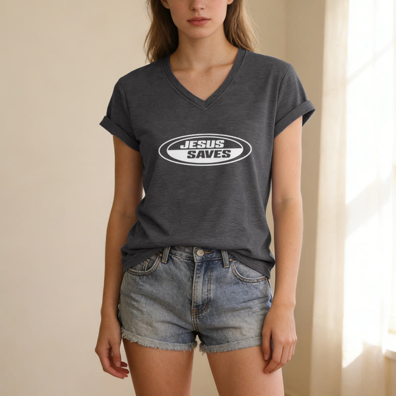 Christianartworkshop T-shirt rétro ovale à col en V décontracté « Jésus sauve » - image 1