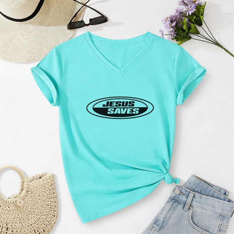Christianartworkshop T-shirt rétro ovale à col en V décontracté « Jésus sauve » - Bleu ciel - 2XL - image 12