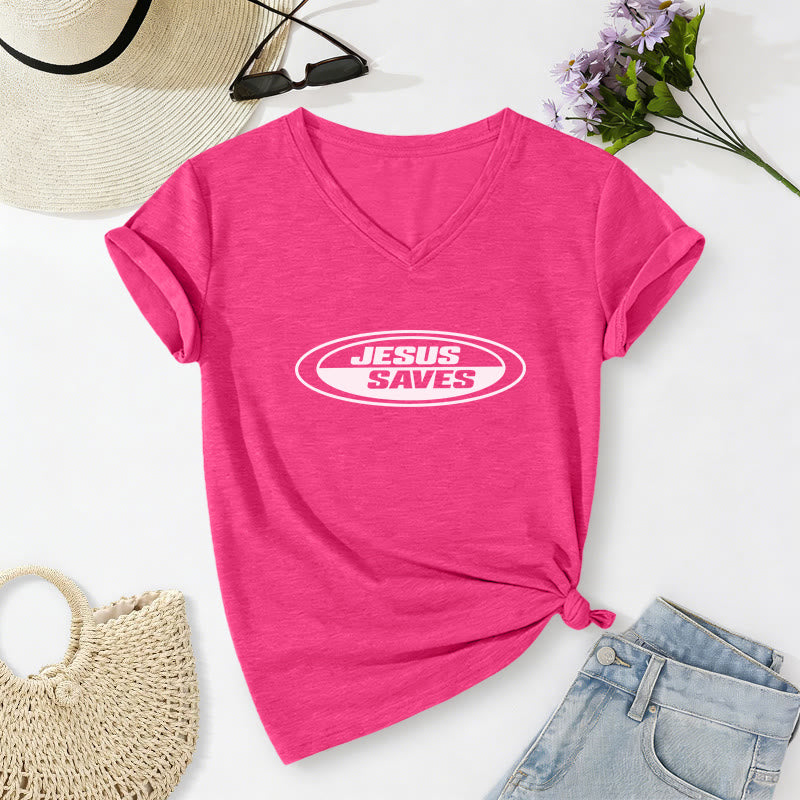Christianartworkshop T-shirt rétro ovale à col en V décontracté « Jésus sauve » - Rose - 2XL - image 24
