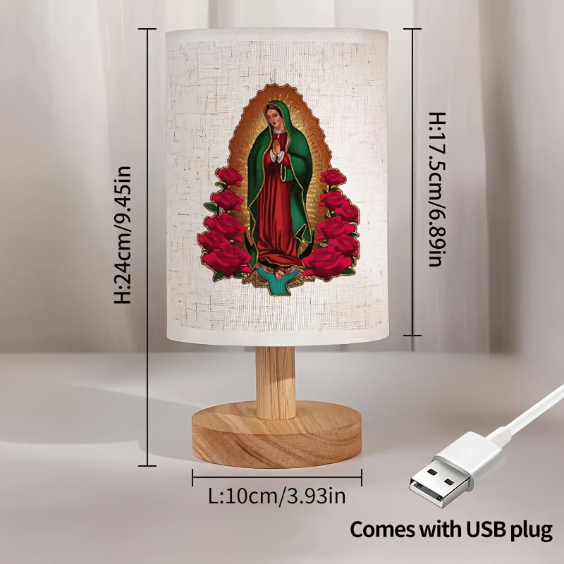 Christianartworkshop Lampe de table Notre-Dame de Guadalupe avec pied en bois naturel et abat-jour en tissu : symbole de douces bénédictions nocturnes - image 4