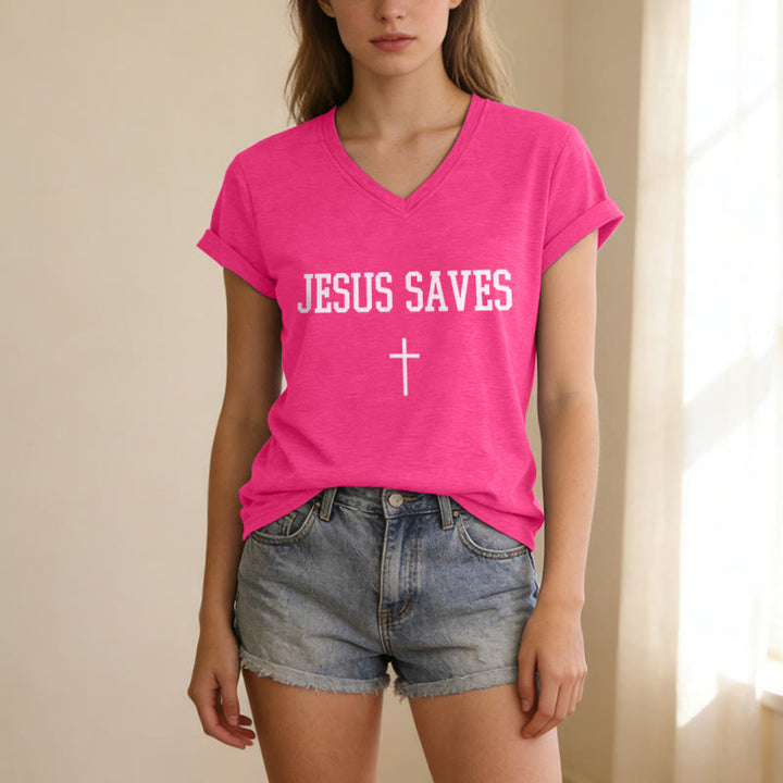 Christianartworkshop T-shirt décontracté à col en V avec croix et inscription « Jésus sauve » - image 25