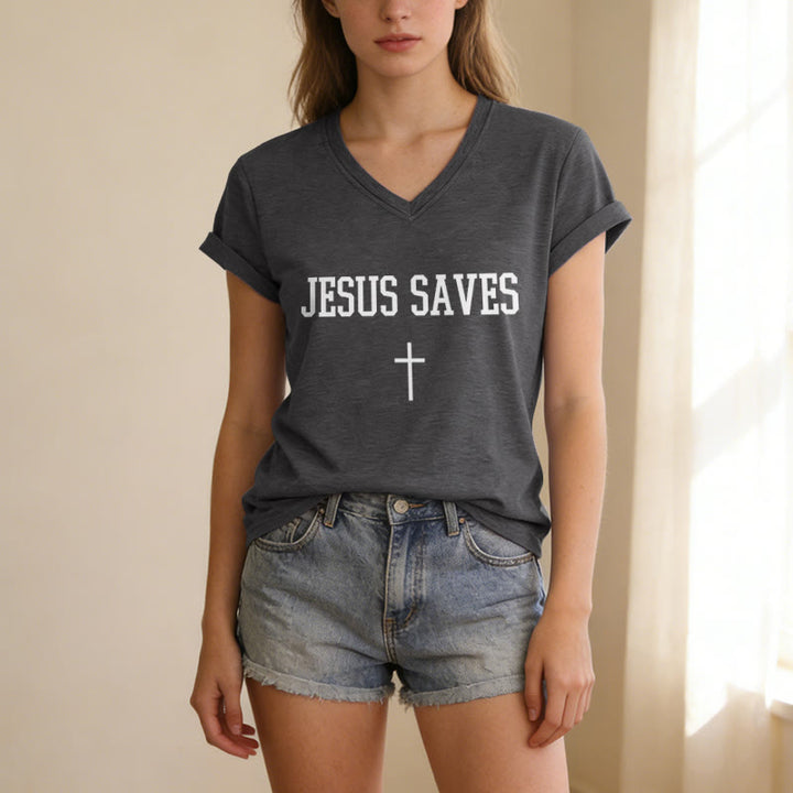 Christianartworkshop T-shirt décontracté à col en V avec croix et inscription « Jésus sauve » - image 3
