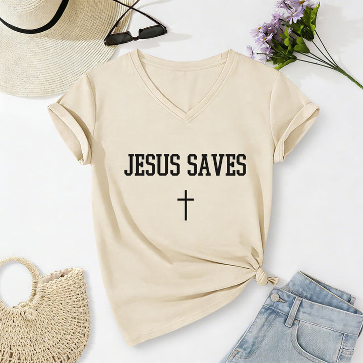 Christianartworkshop T-shirt décontracté à col en V avec croix et inscription « Jésus sauve » - Beige - 2XL - image 6
