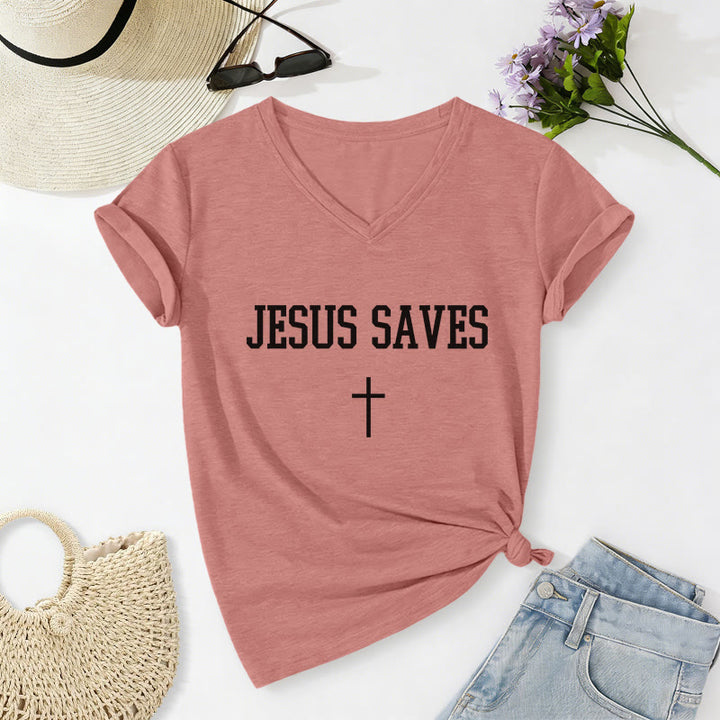 Christianartworkshop T-shirt décontracté à col en V avec croix et inscription « Jésus sauve » - Rose clair - 2XL - image 16