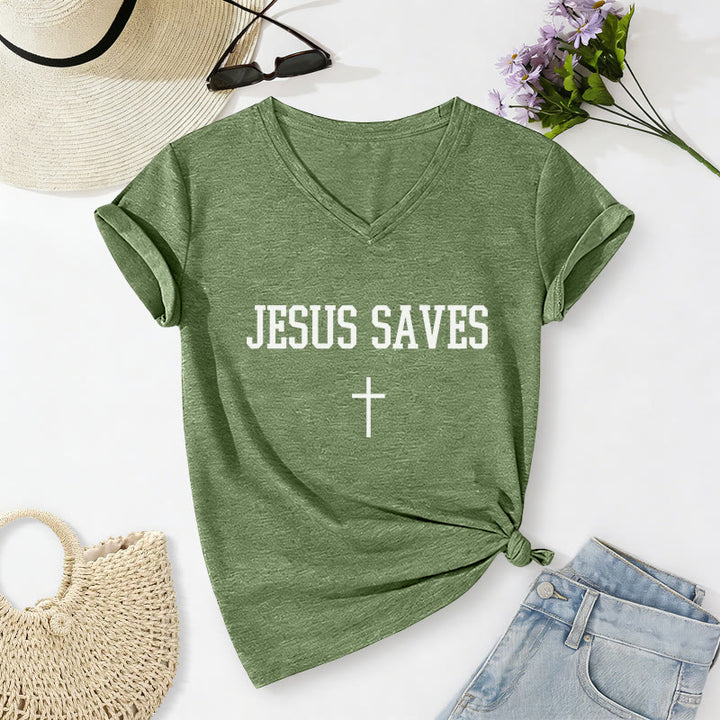 Christianartworkshop T-shirt décontracté à col en V avec croix et inscription « Jésus sauve » - Vert olive - 2XL - image 10