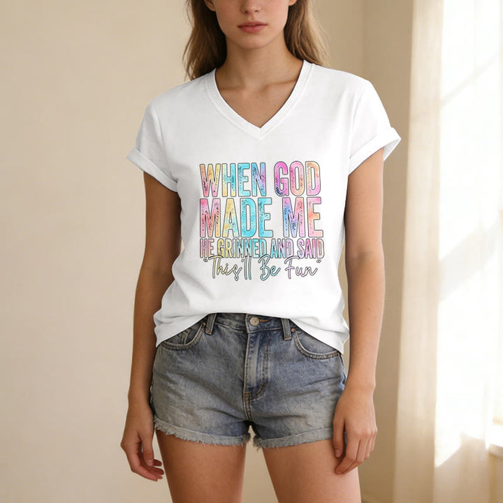 Christianartworkshop T-shirt décontracté à col en V avec dégradé de couleurs « Quand Dieu m'a créé » - image 13