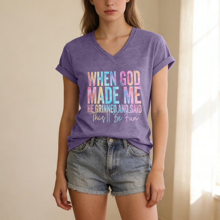 Christianartworkshop T-shirt décontracté à col en V avec dégradé de couleurs « Quand Dieu m'a créé » - image 21