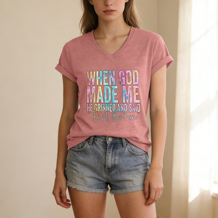 Christianartworkshop T-shirt décontracté à col en V avec dégradé de couleurs « Quand Dieu m'a créé » - image 17