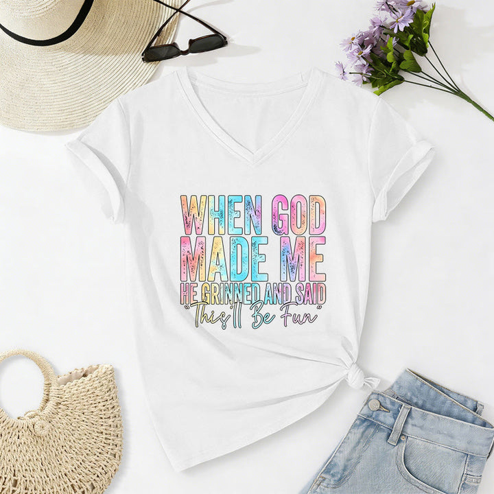Christianartworkshop T-shirt décontracté à col en V avec dégradé de couleurs « Quand Dieu m'a créé » - Blanc - 2XL - image 12