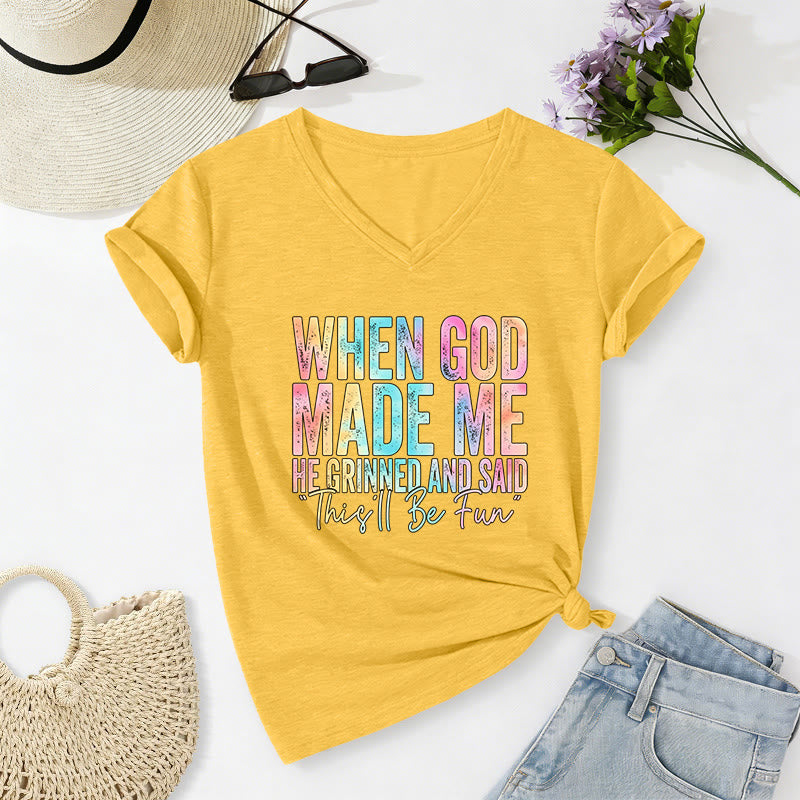 Christianartworkshop T-shirt décontracté à col en V avec dégradé de couleurs « Quand Dieu m'a créé » - Jaune - 2XL - image 8