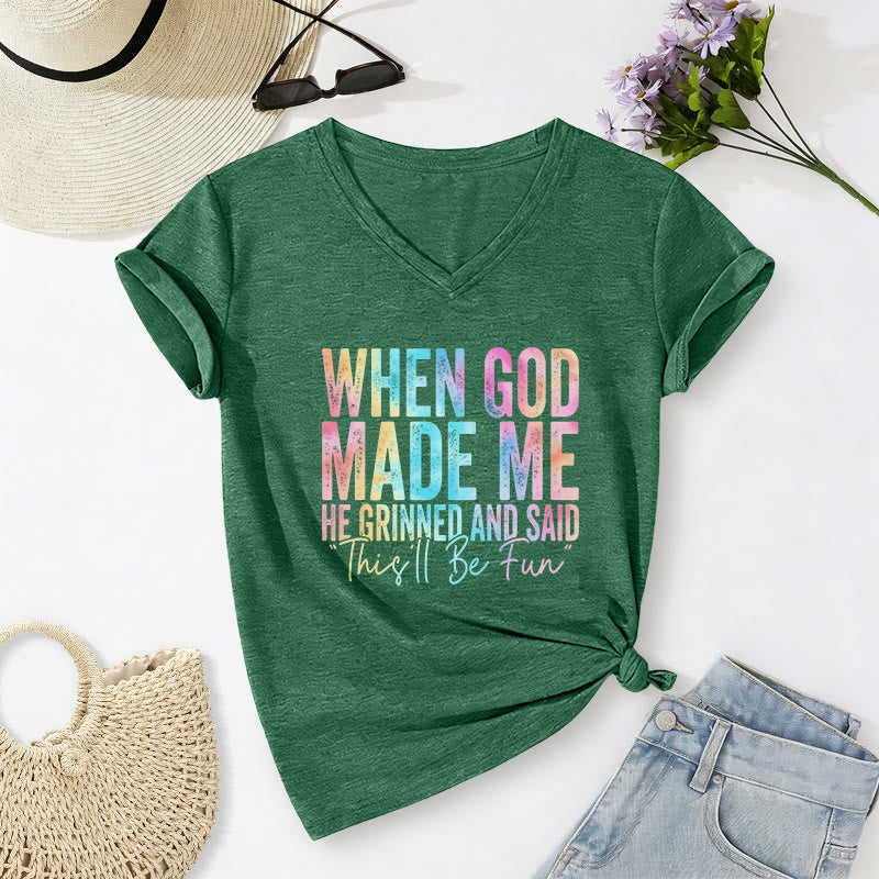 Christianartworkshop T-shirt décontracté à col en V avec dégradé de couleurs « Quand Dieu m'a créé » - Vert foncé - 2XL - image 18