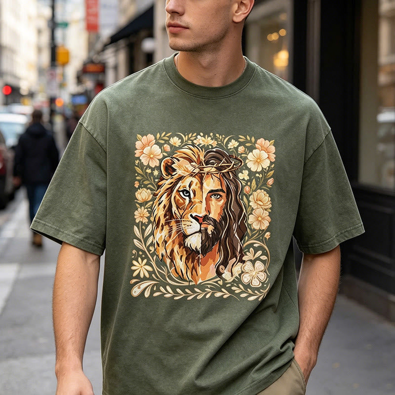 Christianartworkshop T-shirt unisexe délavé Lion de Juda à motif floral et déclaration de foi - image 0
