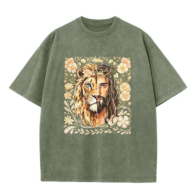 Christianartworkshop T-shirt unisexe délavé Lion de Juda à motif floral et déclaration de foi - Vert armée - 5XL - image 1