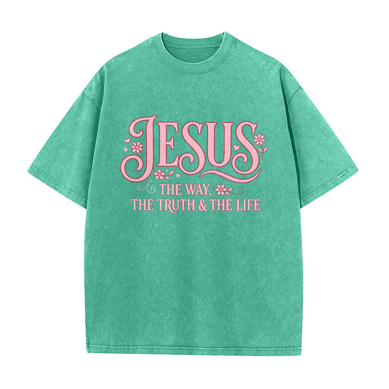 Christianartworkshop T-shirt unisexe délavé à motif floral décoratif « Jésus le chemin, la vérité et la vie » - Vert - 5XL - image 4
