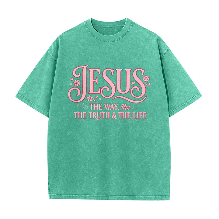 Christianartworkshop T-shirt unisexe délavé à motif floral décoratif « Jésus le chemin, la vérité et la vie » - Vert - 5XL - image 4