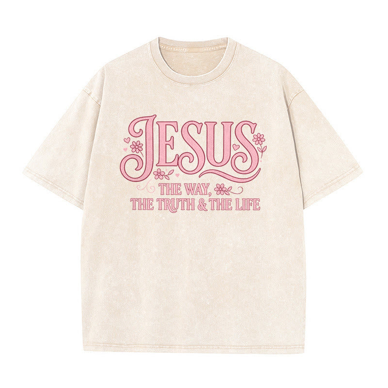 Christianartworkshop T-shirt unisexe délavé à motif floral décoratif « Jésus le chemin, la vérité et la vie » - Beige - 5XL - image 1