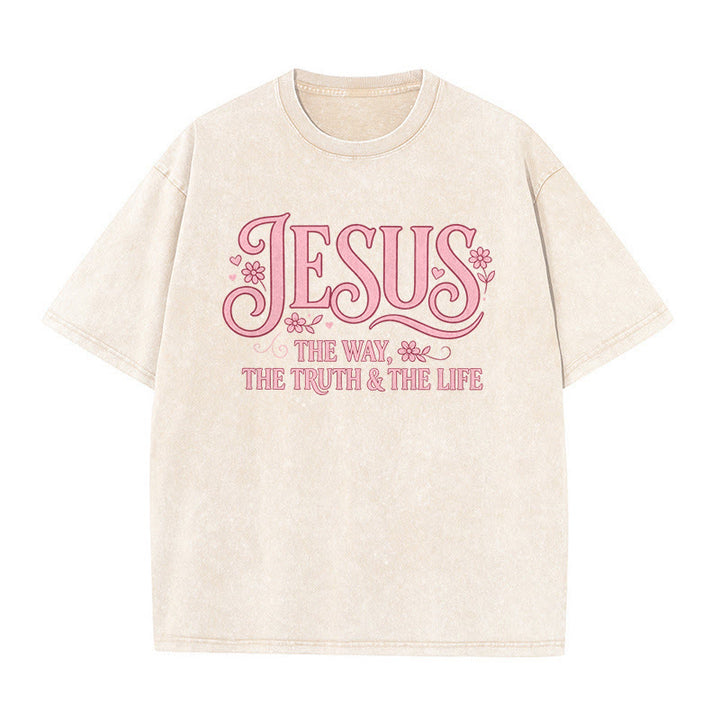 Christianartworkshop T-shirt unisexe délavé à motif floral décoratif « Jésus le chemin, la vérité et la vie » - Beige - 5XL - image 1