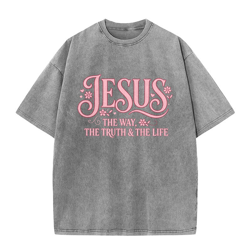 Christianartworkshop T-shirt unisexe délavé à motif floral décoratif « Jésus le chemin, la vérité et la vie » - Gris - 5XL - image 9