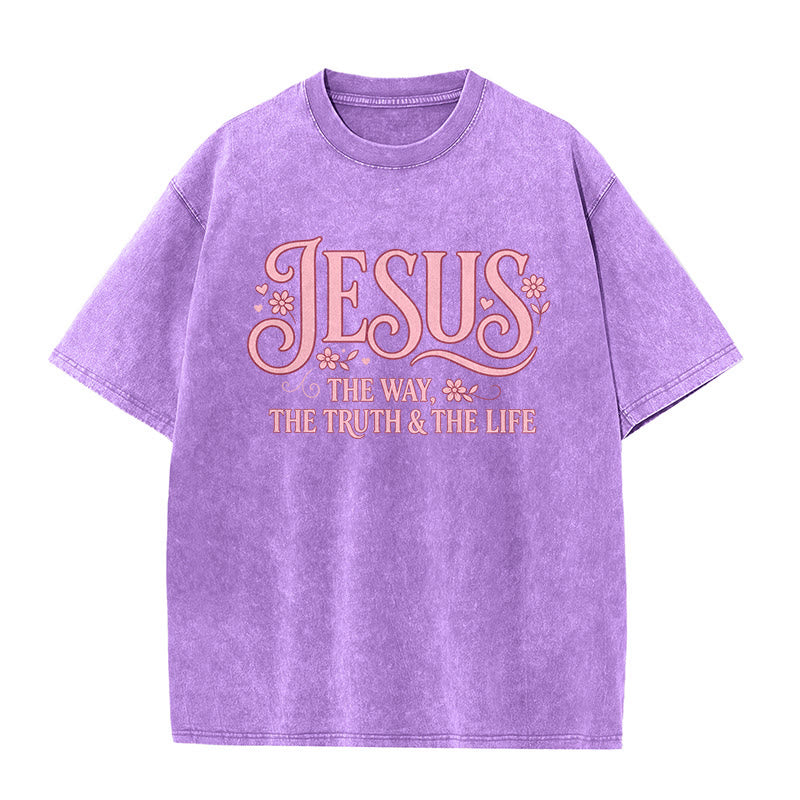 Christianartworkshop T-shirt unisexe délavé à motif floral décoratif « Jésus le chemin, la vérité et la vie » - Violet - 5XL - image 7