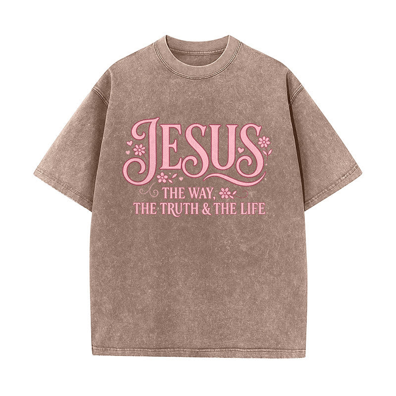 Christianartworkshop T-shirt unisexe délavé à motif floral décoratif « Jésus le chemin, la vérité et la vie » - Brun - 5XL - image 5
