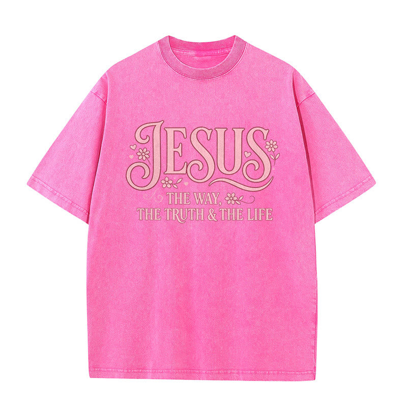 Christianartworkshop T-shirt unisexe délavé à motif floral décoratif « Jésus le chemin, la vérité et la vie » - Rose - 5XL - image 6