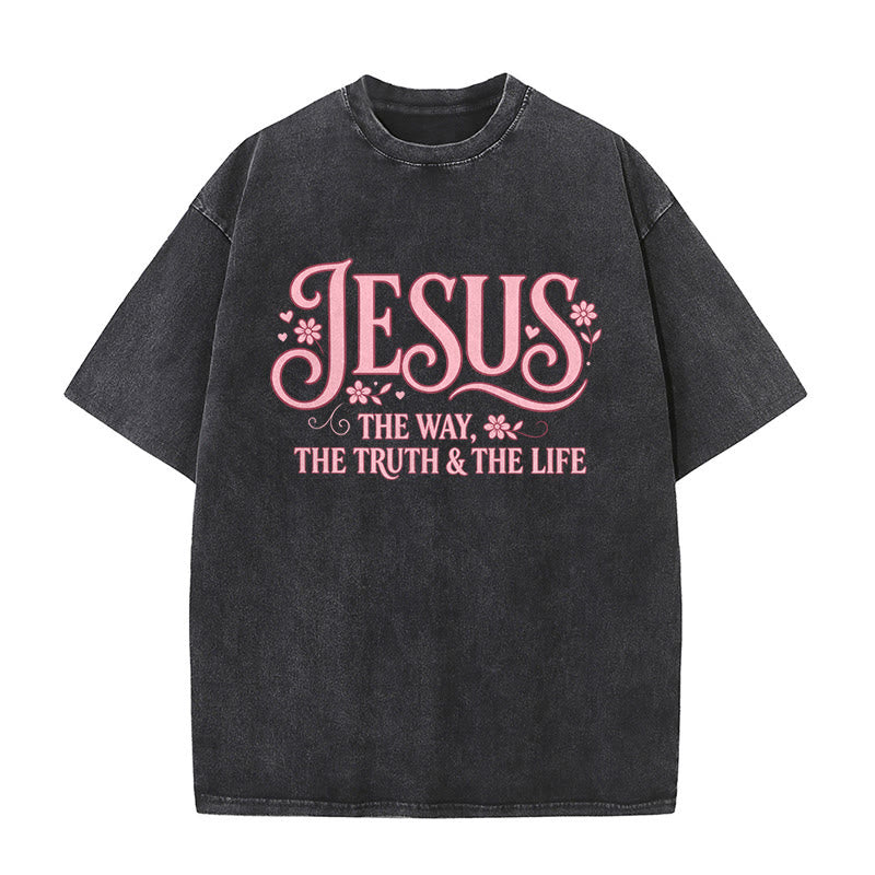 Christianartworkshop T-shirt unisexe délavé à motif floral décoratif « Jésus le chemin, la vérité et la vie » - Noir - 5XL - image 3