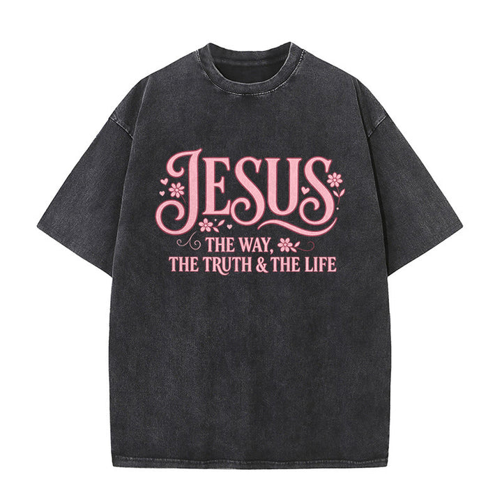 Christianartworkshop T-shirt unisexe délavé à motif floral décoratif « Jésus le chemin, la vérité et la vie » - Noir - 5XL - image 3