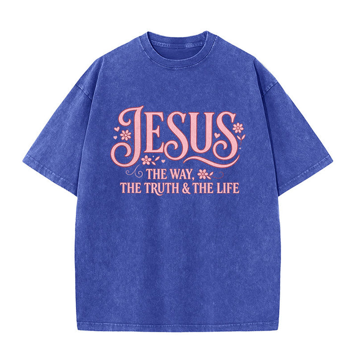 Christianartworkshop T-shirt unisexe délavé à motif floral décoratif « Jésus le chemin, la vérité et la vie » - Bleu - 5XL - image 8