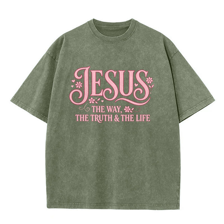 Christianartworkshop T-shirt unisexe délavé à motif floral décoratif « Jésus le chemin, la vérité et la vie » - Vert armée - 5XL - image 2