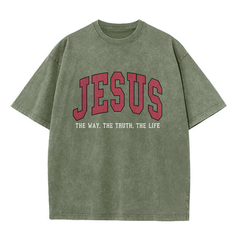 Christianartworkshop T-shirt unisexe délavé style streetwear « Jésus le chemin, la vérité, la vie » - Vert armée - 5XL - image 3