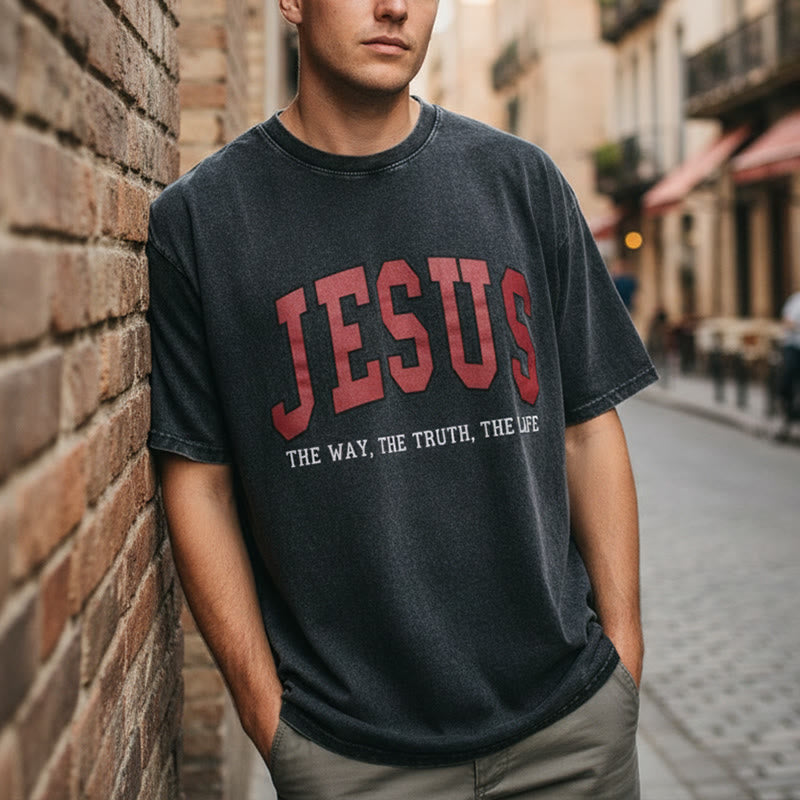 Christianartworkshop T-shirt unisexe délavé style streetwear « Jésus le chemin, la vérité, la vie » - image 0