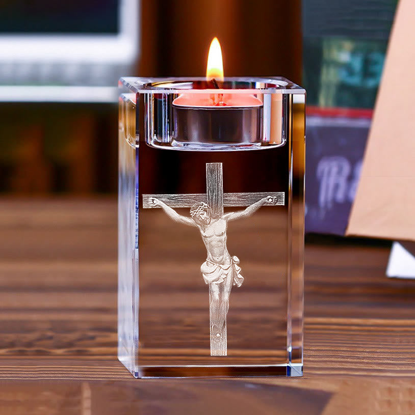 Christianartworkshop Porte-bougie chauffe-plat lumineux en cristal gravé d'une figure sainte : symbole d'une atmosphère de prière paisible - Crucifix - 1,97''*1,97''*3,94''/5*5*10cm - image 7