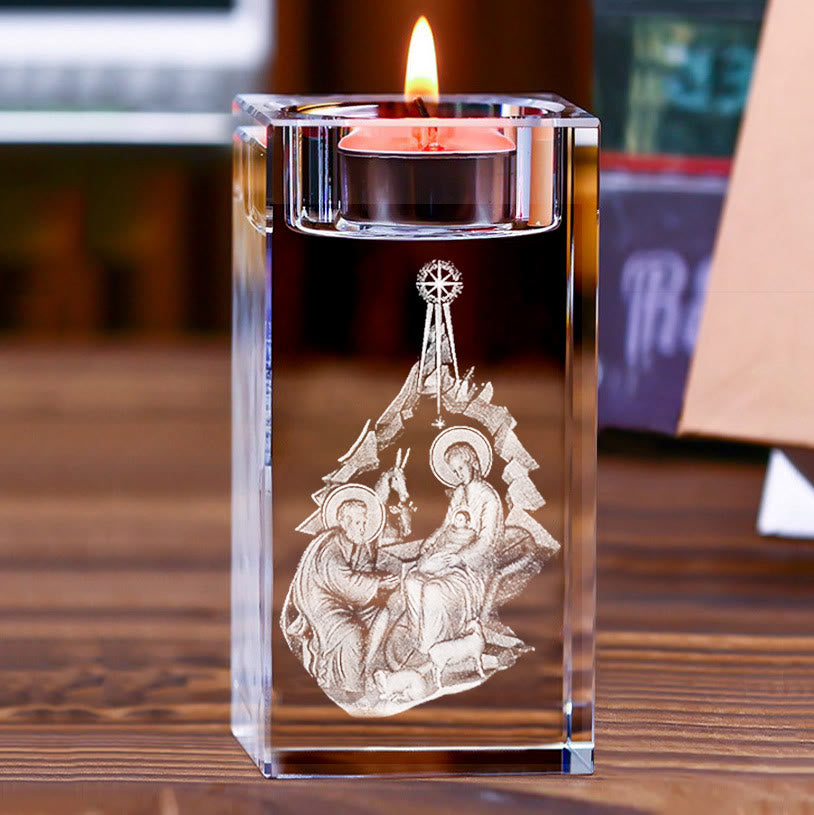 Christianartworkshop Porte-bougie chauffe-plat lumineux en cristal gravé d'une figure sainte : symbole d'une atmosphère de prière paisible - Crèche B - 1,97''*1,97''*3,94''/5*5*10cm - image 3