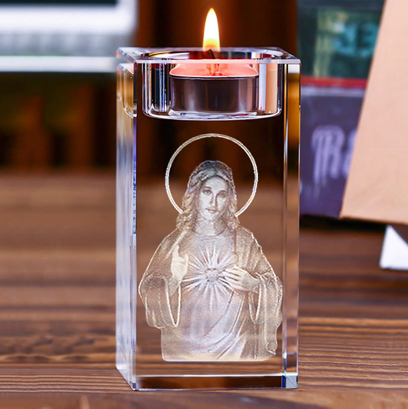 Christianartworkshop Porte-bougie chauffe-plat lumineux en cristal gravé d'une figure sainte : symbole d'une atmosphère de prière paisible - Sacré-Cœur de Jésus - 1,97''*1,97''*3,94''/5*5*10cm - image 11