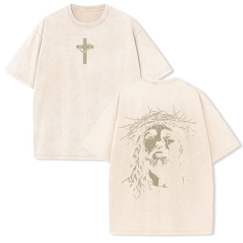 Christianartworkshop T-shirt unisexe délavé avec détail croix et couronne d'épines - Beige - 5XL - image 5